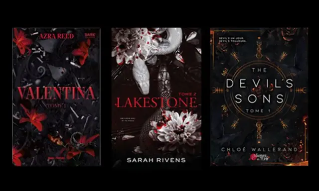 Trois couvertures de livres sombres : "Valentina", "Lakestone" avec un serpent, et "The Devil's Sons".