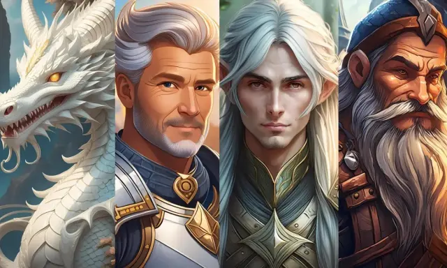 Dragon blanc majestueux, guerrier barbu, elfe aux longs cheveux, et un vieux sage. Des personnages dignes d'un prénom fantasy.