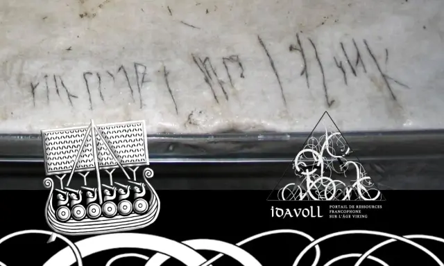 Gravure runique sur pierre, possible écriture viking prénom. Un bateau viking stylisé et le logo Idavoll sont présents.