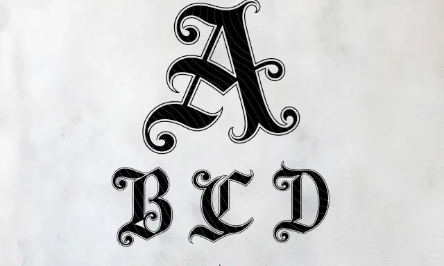 Lettres A, B, C, D en écriture gothique, parfaites pour une touche d'élégance sombre sur Instagram.