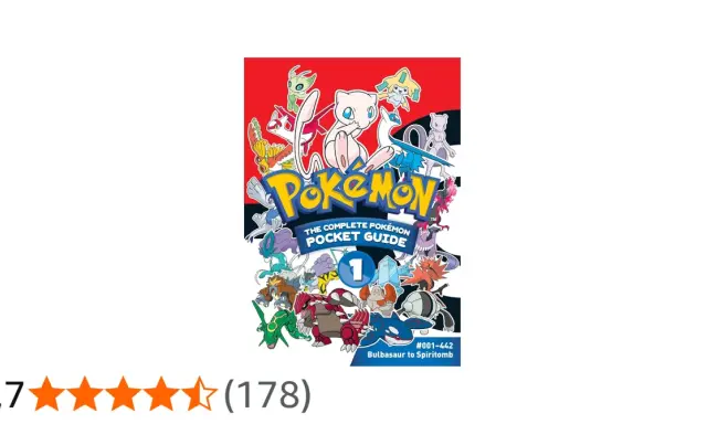 Couverture du guide Pokémon "The Complete Pokémon Pocket Guide 1", éditions Pocket Manuscrit, avec de nombreux Pokémon.