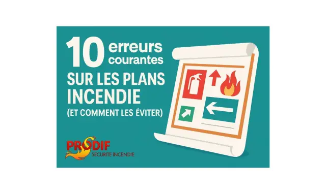 Illustration sur les 10 erreurs courantes sur les plans incendie, avec des symboles de sécurité. Un exemple de dossier RAEP rédigé serait utile pour comprendre ces erreurs.