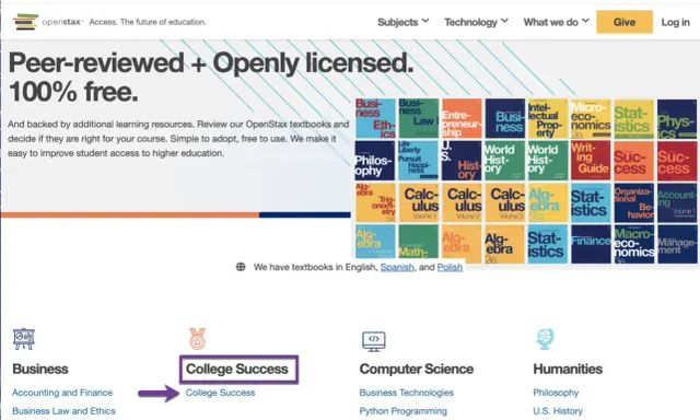 Page d'accueil OpenStax. Recherche de livres par sujet, comme "College Success". Idéal pour une recherche livre par ISBN.
