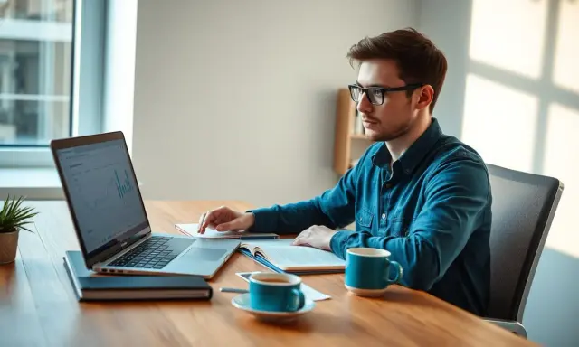 Un jeune homme concentré sur son ordinateur portable, préparant un mémoire sur le télétravail. Une tasse de café à portée de main.