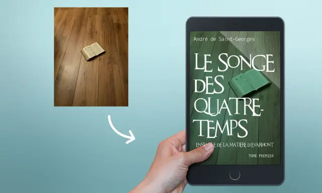 Une belle couverture de livre numérique, "Le Songe des Quatre-Temps", est présentée sur une tablette tenue par une main.