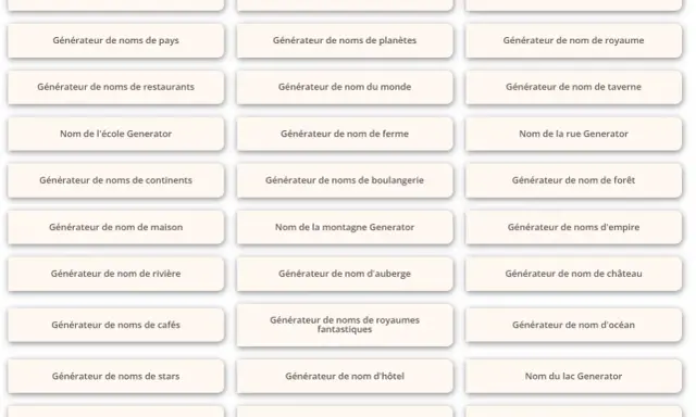 Générateurs de noms pour créer un **nom de royaume imaginaire français**, villes, pays, et plus encore.
