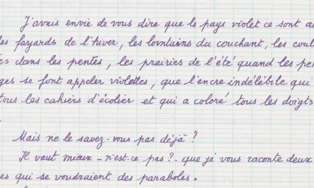 Manuscrit exemple : description poétique du pays violet, des pensées sauvages aux doigts tachés d'encre.
