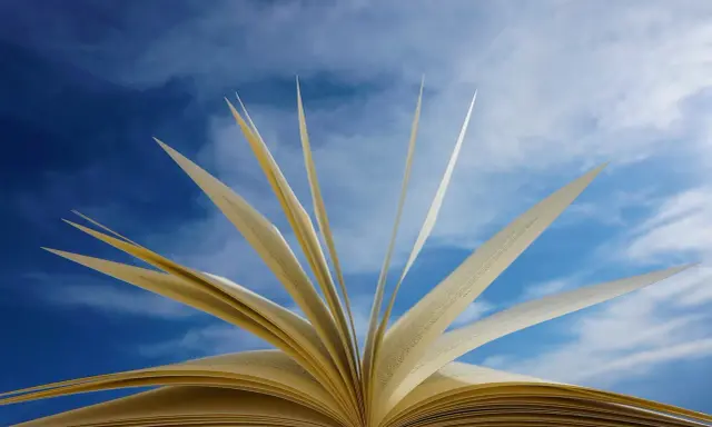 Un livre ouvert, ses pages s'envolent comme des oiseaux dans un ciel bleu. Un troisième exemple d'autobiographie, où chaque page raconte une nouvelle aventure.