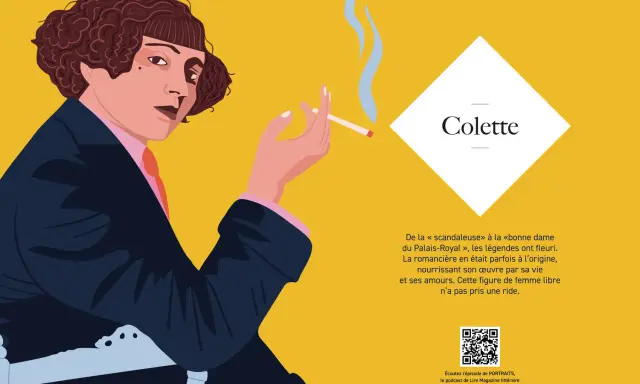 Portrait stylisé de Colette, femme de lettre française, fumant une cigarette. Son regard est intense, sa coiffure bouclée et elle porte un costume sombre.