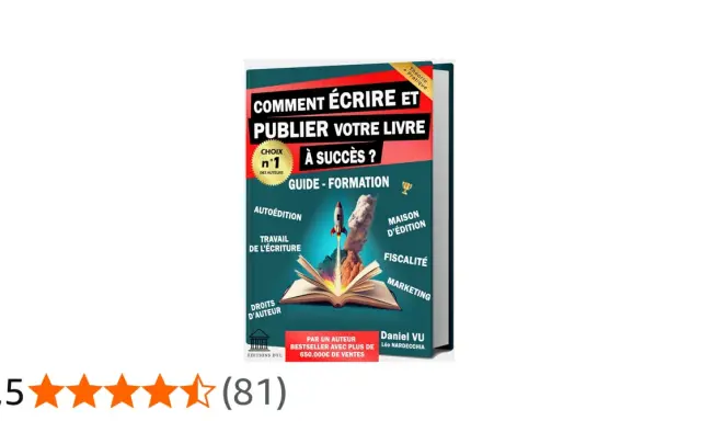 Guide "Comment écrire et publier votre livre à succès", avec un livre ouvert d'où s'échappe une fusée. Idéal pour savoir comment publier son livre.