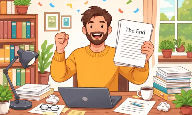 Un auteur fier tient son manuscrit terminé, prêt à le publier à compte d'auteur. Confettis et sourire radieux célèbrent cette étape !