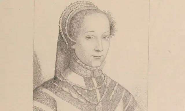 Portrait gravé d'une femme à la coiffe Renaissance, rappelant l'élégance d'un auteur humaniste.