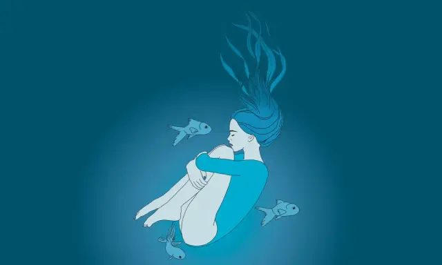 Une jeune femme, les yeux clos, flotte dans l'eau bleue, entourée de poissons. Ses cheveux s'étirent comme des algues, tant que mes yeux pourront larmes épandre, une analyse silencieuse.