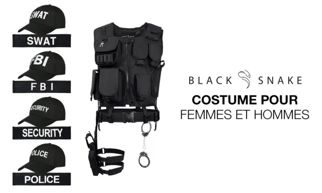Costume tactique Black Snake avec casquettes SWAT, FBI, Security, Police. Un pseudo peut servir à se déguiser.