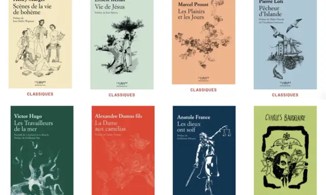 Couvertures de livres classiques de l'édition Calmann Lévy : Murger, Renan, Proust, Loti, Hugo, Dumas fils, France, Baudelaire.