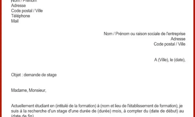 Modèle de lettre de motivation pour une demande de stage en laboratoire. Il inclut les champs pour les coordonnées de l'expéditeur et du destinataire, ainsi que le corps de la lettre.