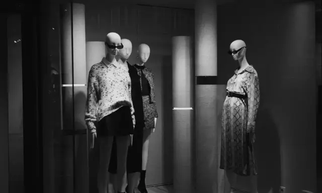 Mannequins dans une vitrine, avec un look nom americain stylé. L'une porte un pull à motifs et une jupe, l'autre une robe à imprimé serpent.
