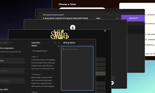 Interface pour écrire des paroles de chanson sur un écureuil et un iguane. Le texte à écrire est "Spaghetti Dreams".