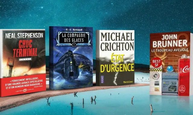 Quatre livres de science-fiction : Neal Stephenson, G.-J. Arnaud, Michael Crichton et John Brunner, parmi les auteurs de science-fiction les plus connus.