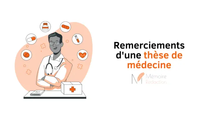 Illustration d'un médecin entouré d'icônes médicales, avec le titre "Remerciements d'une thèse de médecine". Un clin d'œil au remerciement mémoire.