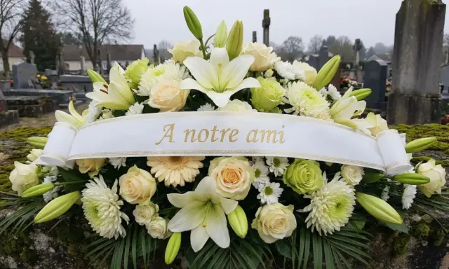 Un bouquet de fleurs blanches et crème, orné d'un ruban "À notre ami", symbolise une belle histoire d'amitié.