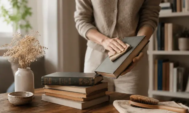 Une personne nettoie un livre d'occasion avec un chiffon. Apprenez comment désinfecter un livre d'occasion pour le préserver.