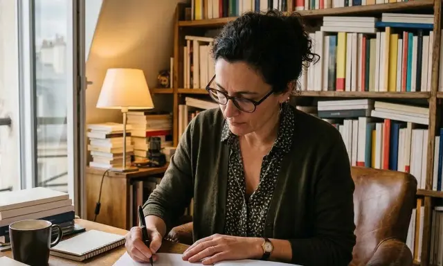 Une femme rédige des manuscrits dans son bureau, entourée de livres. Elle travaille pour une maison d'édition poésie.