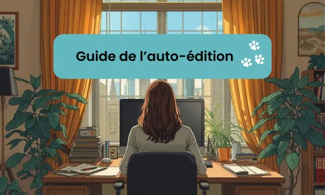 Une femme prépare son projet pour publier un livre, assise à son bureau avec vue sur la ville.