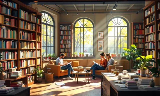 Dans une bibliothèque lumineuse, des personnes lisent. La **liste des éditeurs** est peut-être cachée dans ces ouvrages.