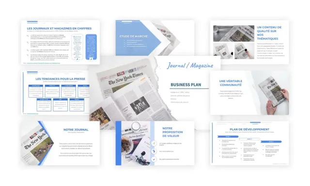 Présentation d'un plan d'affaires pour comment créer un magazine, incluant des études de marché, des tendances et une proposition de valeur.