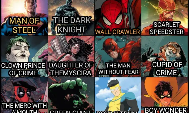 Super-héros emblématiques : Man of Steel, The Dark Knight, Wall Crawler, Scarlet Speedster, Clown Prince of Crime, Daughter of Themyscira, The Man Without Fear, Cupid of Crime, The Merc with a Mouth, Green Giant, Boy Viltrum, Boy Wonder.