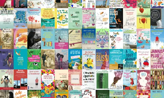 Une mosaïque de couvertures de livres, offrant une définition du roman feel good : des histoires pleines d'espoir, d'amour et de moments doux.