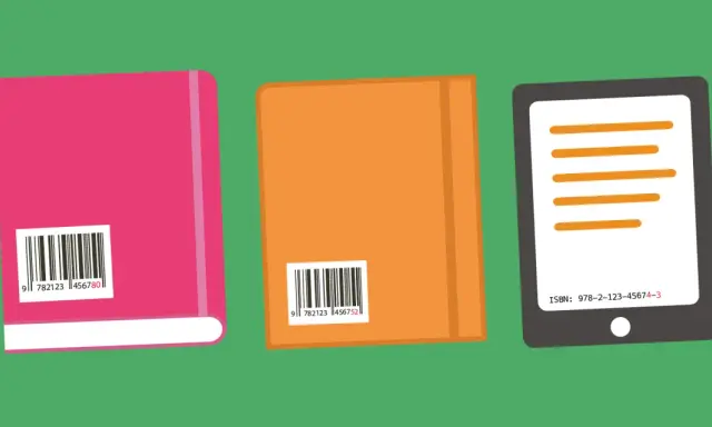 Trois livres, dont un rose et un orange, affichent des codes-barres. Une tablette affiche le numéro ISBN.