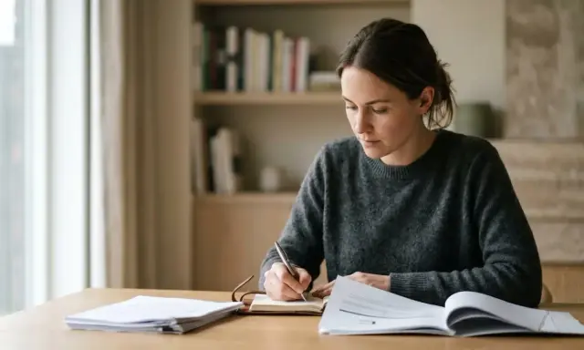 Femme concentrée rédigeant sa dissertation sur le service public, entourée de documents.