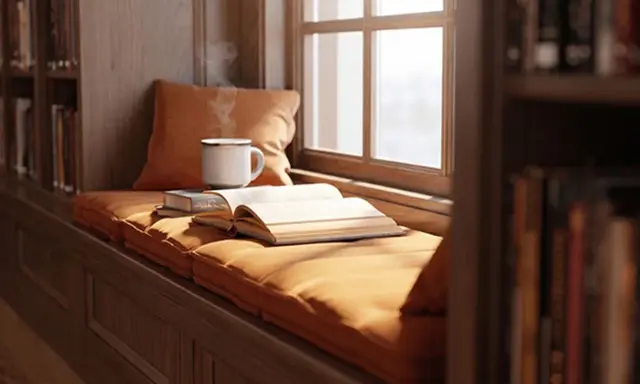Un coin lecture cosy fantasy : un livre ouvert, une tasse fumante et des étagères remplies de livres, près d'une fenêtre baignée de lumière.