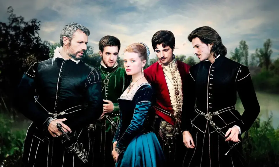 Cinq personnages en costumes d'époque, dont une jeune femme au centre, évoquent le drame de la Princesse de Montpensier.