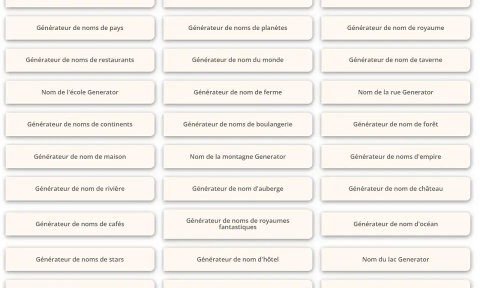 Générateurs de noms pour créer un **nom de royaume imaginaire français**, villes, pays, et plus encore.
