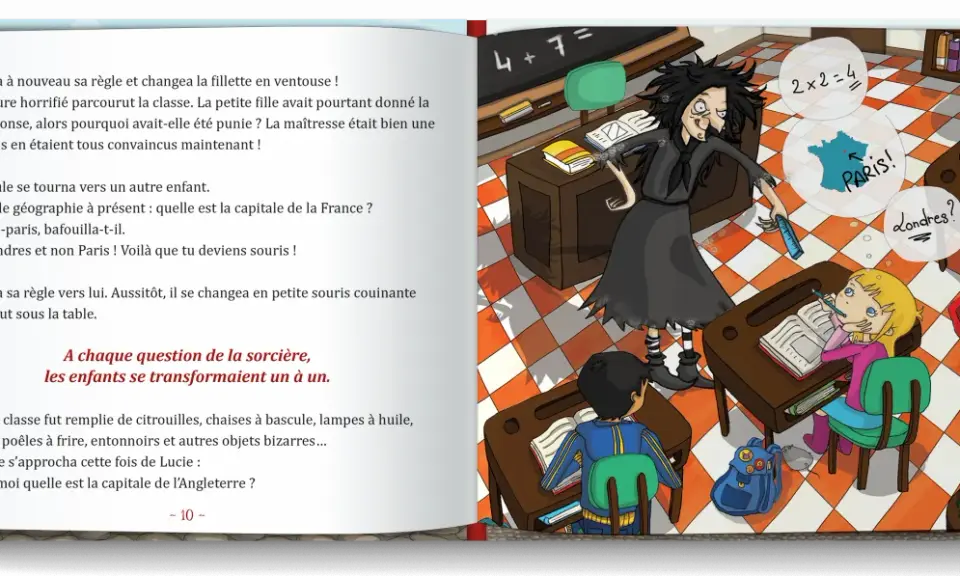 Une sorcière transforme des élèves en souris dans une salle de classe. Elle interroge un élève sur la capitale de la France.