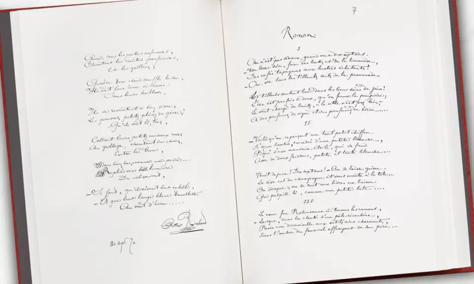 Manuscrit des éditions Pauvert : poèmes manuscrits, dont une page de "Roman" avec des vers de Verlaine.
