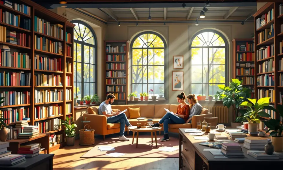 Dans une bibliothèque lumineuse, des personnes lisent. La **liste des éditeurs** est peut-être cachée dans ces ouvrages.