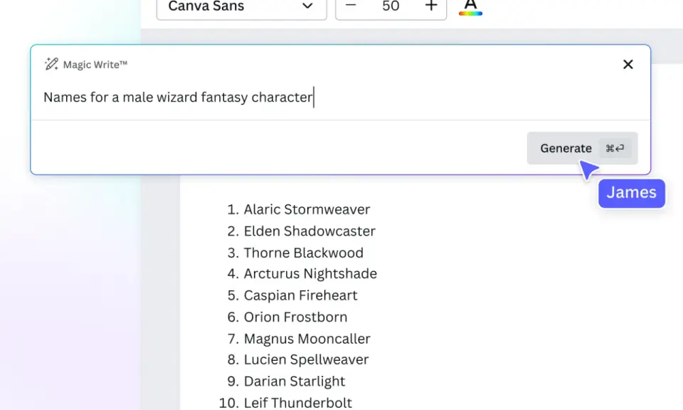James utilise "Magic Write" pour générer des noms de sorciers, une pseudo idée pour son personnage.