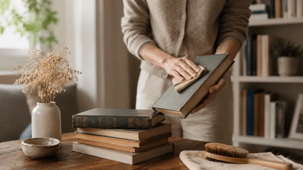 Une personne nettoie un livre d'occasion avec un chiffon. Apprenez comment d&eacute;sinfecter un livre d'occasion pour le pr&eacute;server.