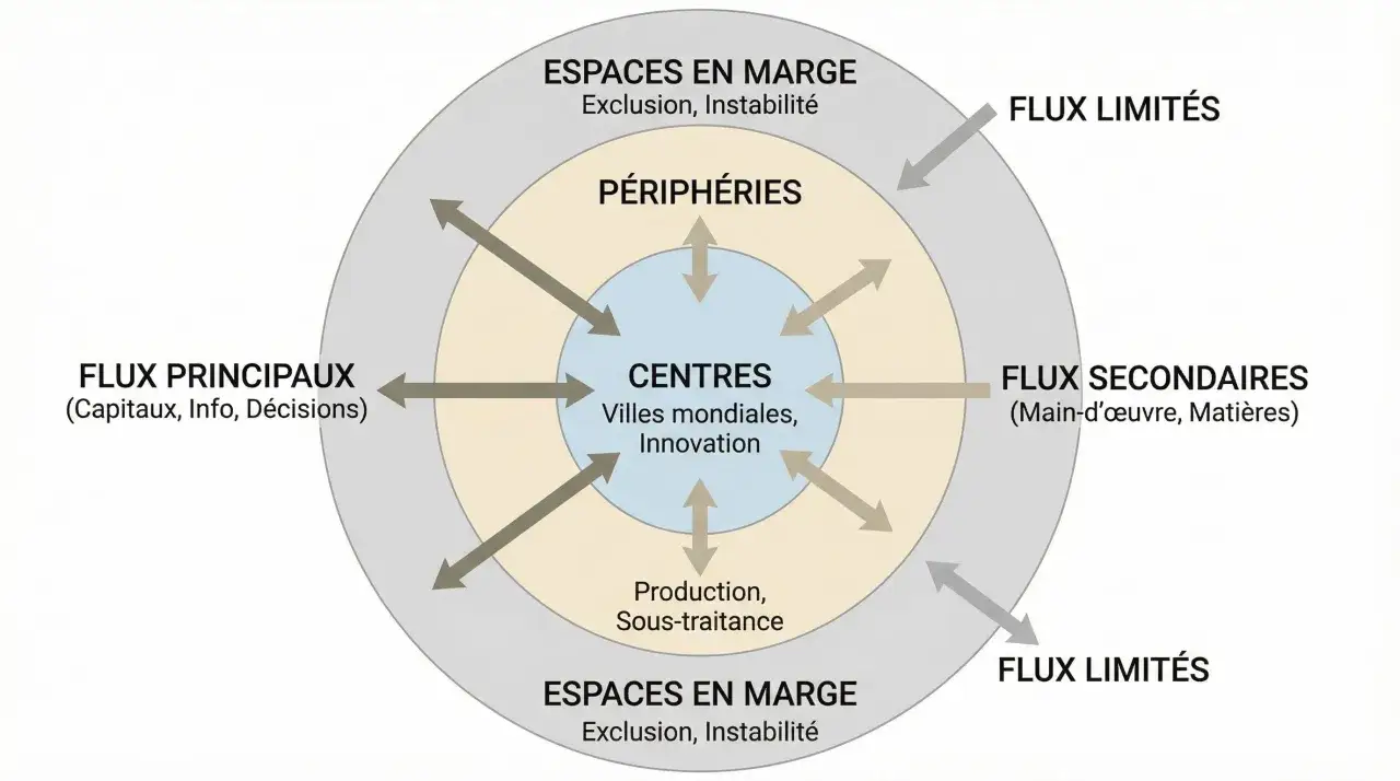 Sch&eacute;ma illustrant les centres, p&eacute;riph&eacute;ries et espaces en marge, avec les flux principaux, secondaires et limit&eacute;s, utile pour une dissertation sur la mondialisation.