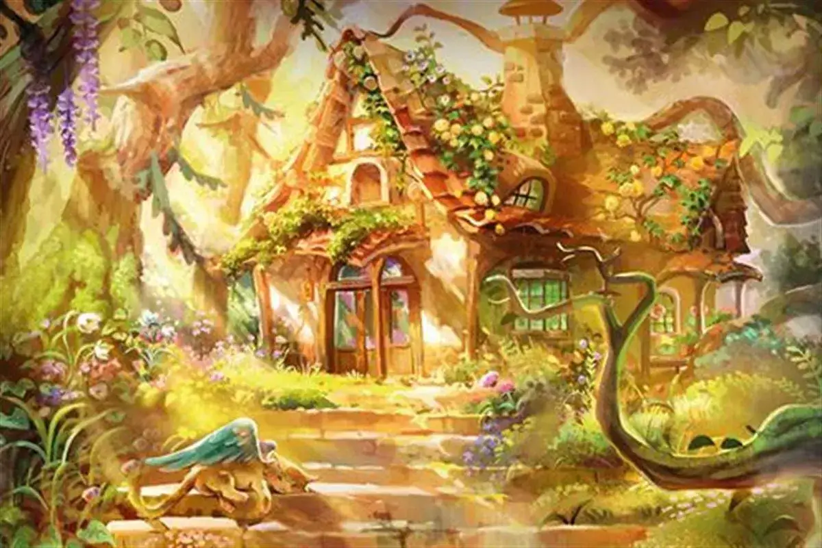 Une maisonnette de conte de fées, nichée dans une forêt lumineuse, avec un petit dragon endormi sur les marches. Une scène de fantasy cosy.