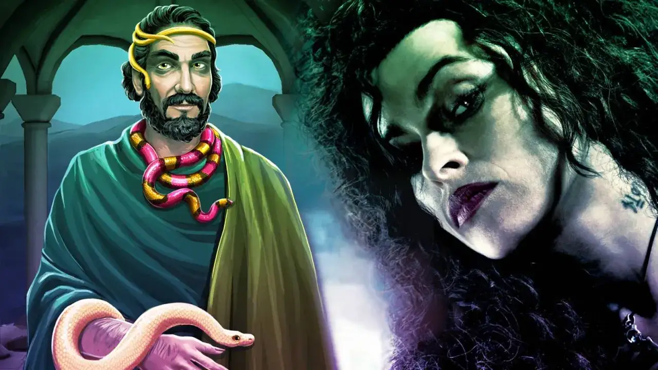 Un homme &agrave; la couronne dor&eacute;e et un serpent autour du cou, &agrave; c&ocirc;t&eacute; d'une femme aux cheveux sombres, rappelant un m&eacute;chant Harry Potter.