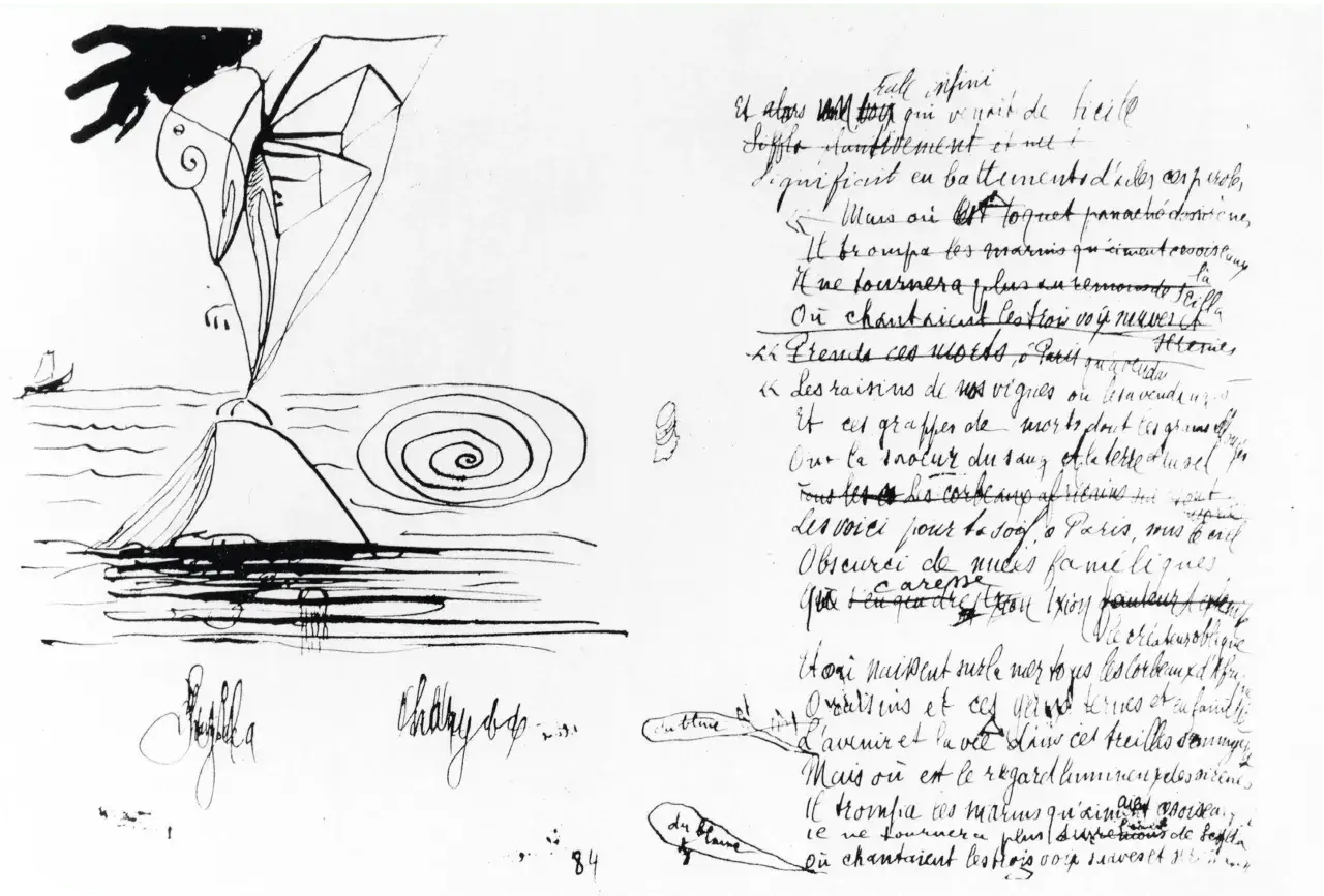 Dessin surréaliste d'une main et d'une forme abstraite sur une île, avec des vers manuscrits expliquant comment écrire de la poésie.