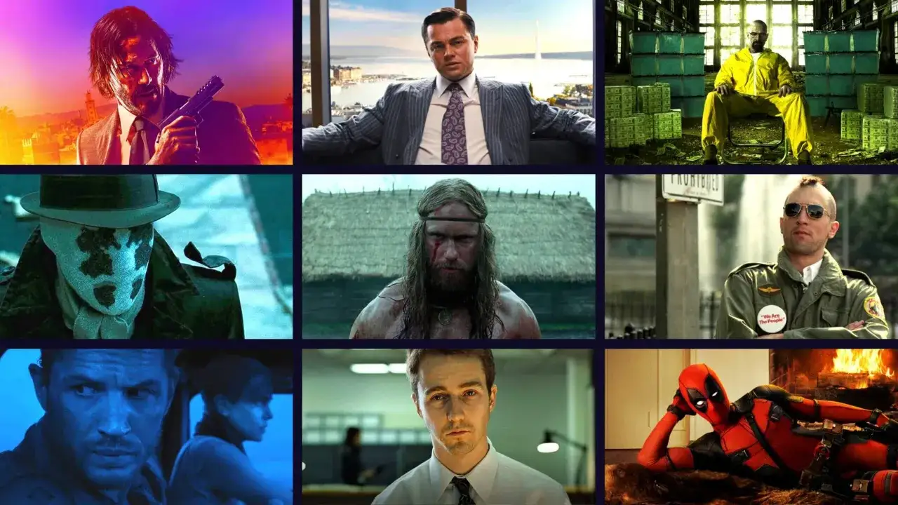 Collage d'anti-héros célèbres : John Wick, Rorschach, Walter White, Travis Bickle, Deadpool. Un exemple d'anti héros.