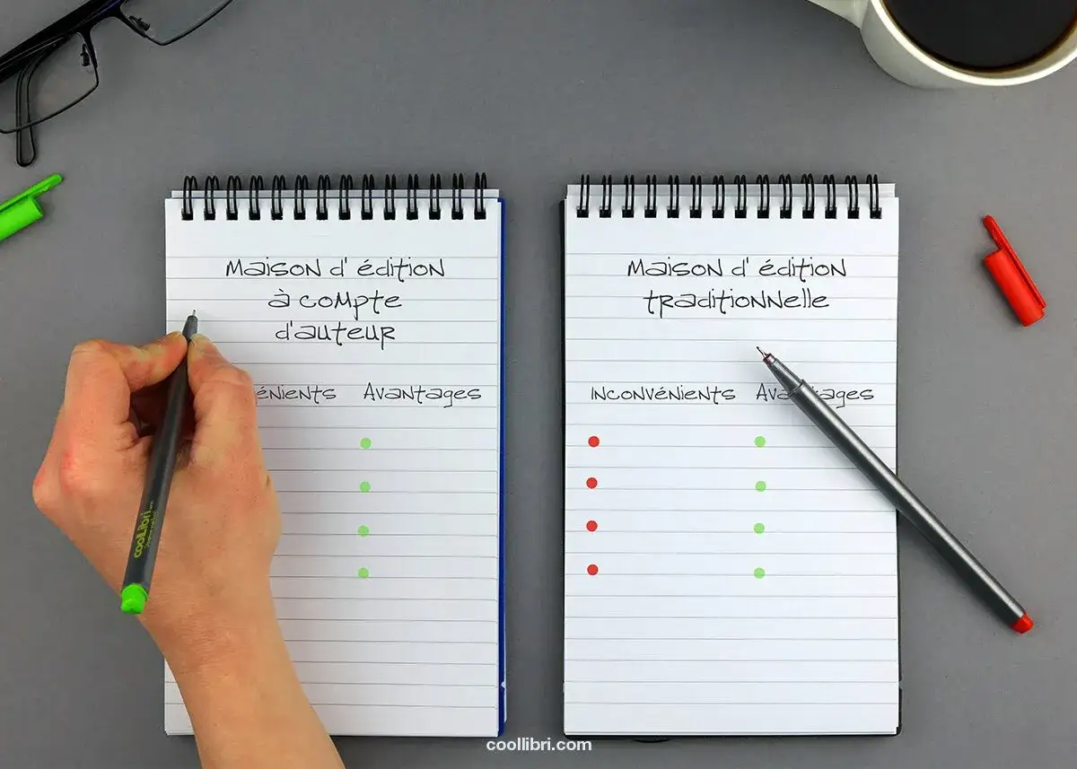 Comparaison des avantages et inconvénients de la maison d'édition à compte d'auteur et traditionnelle.
