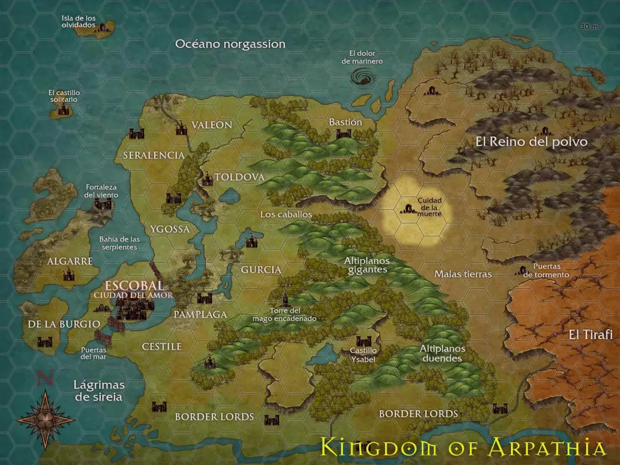 Carte du royaume imaginaire d'Arpathia, avec ses villes, ch&acirc;teaux, montagnes et oc&eacute;ans.