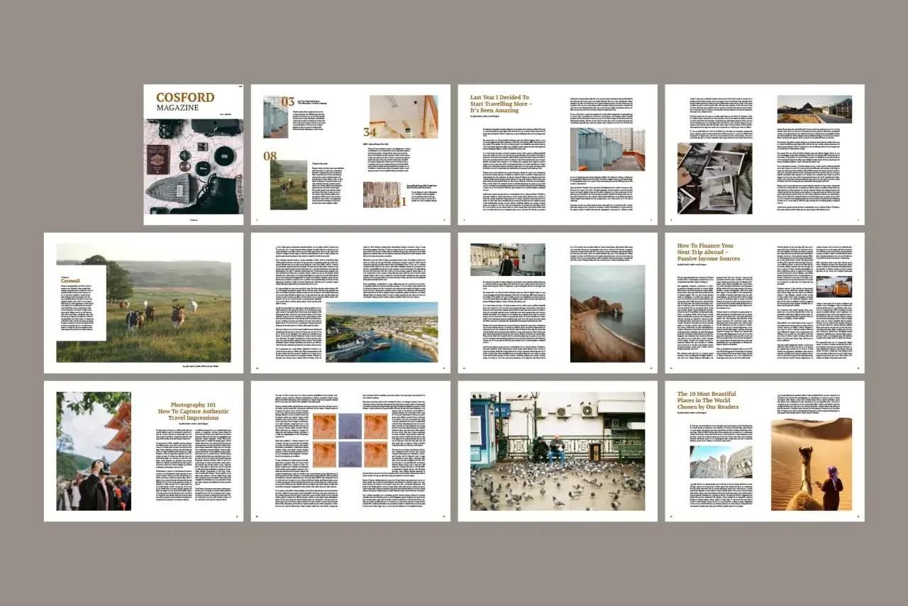 Pages d'un magazine de voyage, montrant comment créer un magazine avec des articles sur la photographie, le financement des voyages et des destinations.